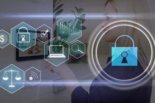 Digital cybersecurity and network protection concept. Virtual locking mechanism to access shared resources. Interactive virtual control screen with padlock. laptop on background