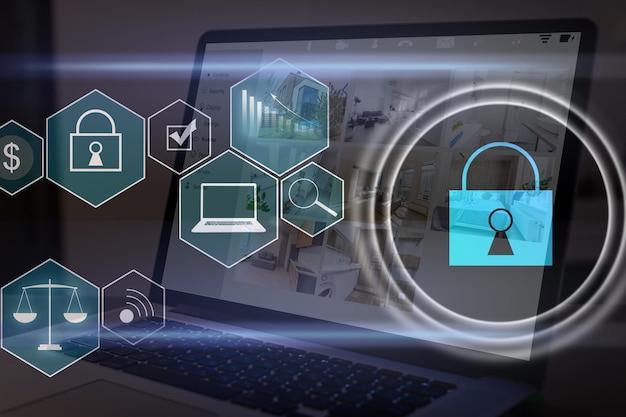 digital cybersecurity and network protection concept. virtual locking mechanism to access shared resources. interactive virtual control screen with padlock. laptop on background