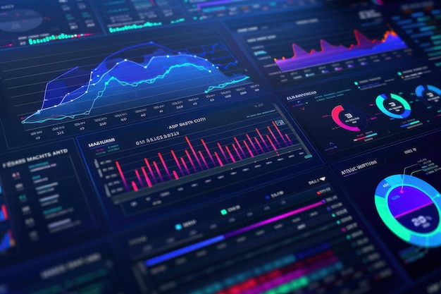 digital dashboard with colorful graphs and charts displaying realtime data analytics representing advanced business intelligence and technology