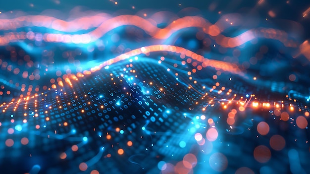 digital data flow binary code waves through cyber space with technology information and network security