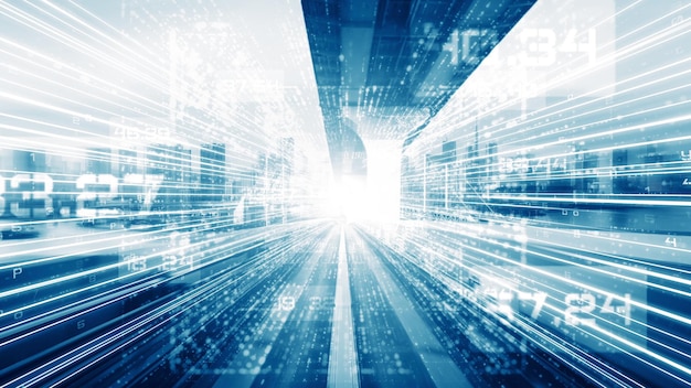 digital data flow on road in concept of cyber global communication and coding with graphic creating vision of fast speed transfer to show agile digital transformation , disruptive innovation .