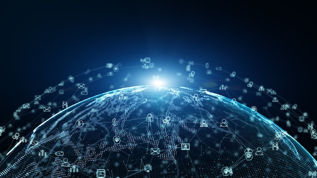 digital data network connections with icon of global communication.