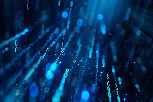 Digital data stream of blue numbers and code flowing in the dark space abstract background for technology or digital information concept with binary number on black screen