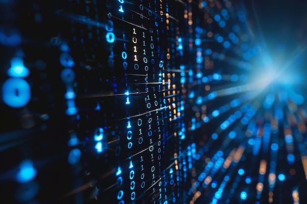 Digital data stream of blue numbers and code flowing in the dark space abstract background for technology or digital information concept with binary number on black screen