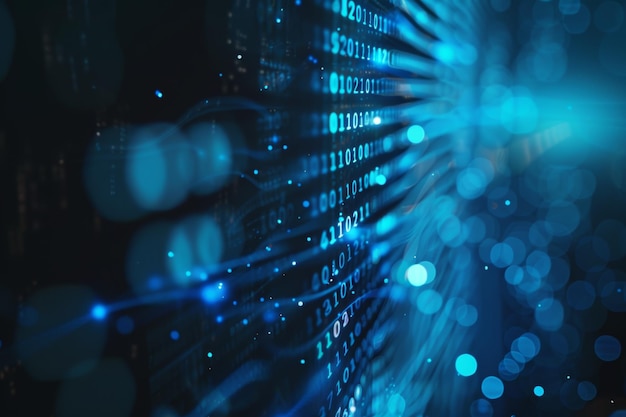 Digital data stream of blue numbers and code flowing in the dark space abstract background for technology or digital information concept with binary number on black screen