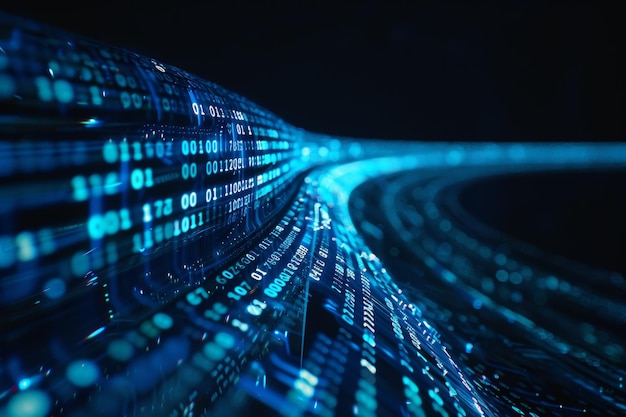 Digital data stream of blue numbers and code flowing in the dark space abstract background for technology or digital information concept with binary number on black screen