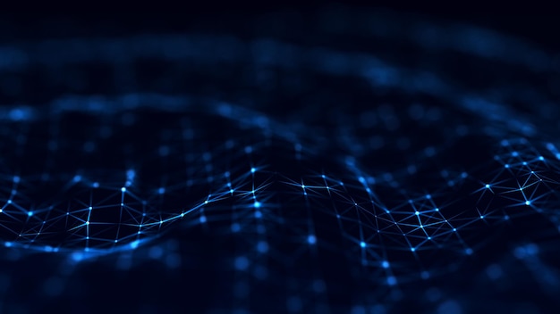 Digital dynamic cyber wave Abstract futuristic blue background with dots and lines Big data visualization 3D rendering