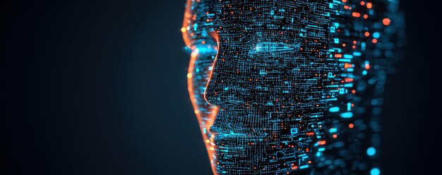 Digital face with AI data projections showcasing intricate patterns and glowing elements representing advanced technology and computing