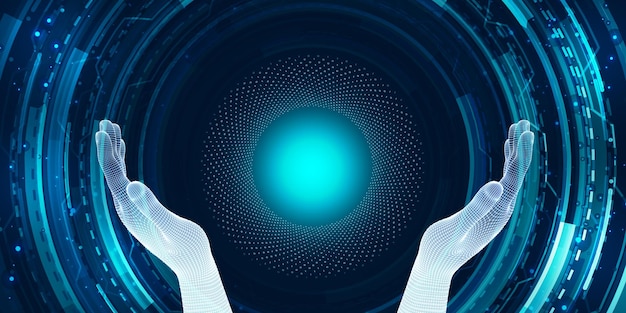 Digital hand spreading hand circular grid wave with binary code artificial intelligence concept 3d