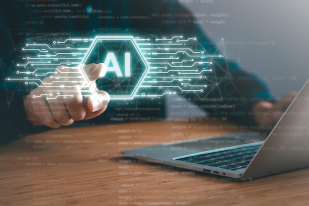digital information technology concept businessman touching artificial intelligence icon chatbot and ai concept