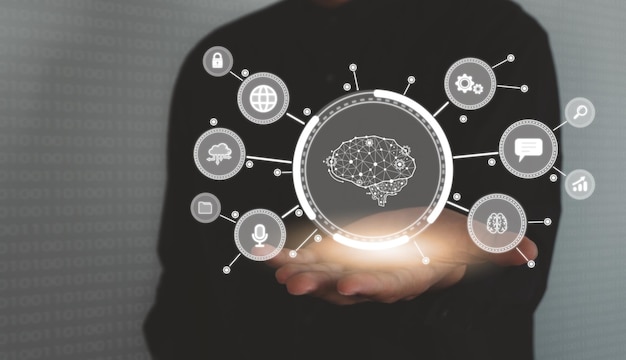 digital information technology concept businessman touching artificial intelligence icon