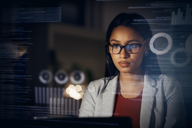 Digital IT technician or software developer coding user interface or UX program code on computer at night Futuristic javascript SSL language with genius female engineer reading security information