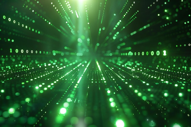 Digital matrix background with green binary code and light rays creating an abstract digital space