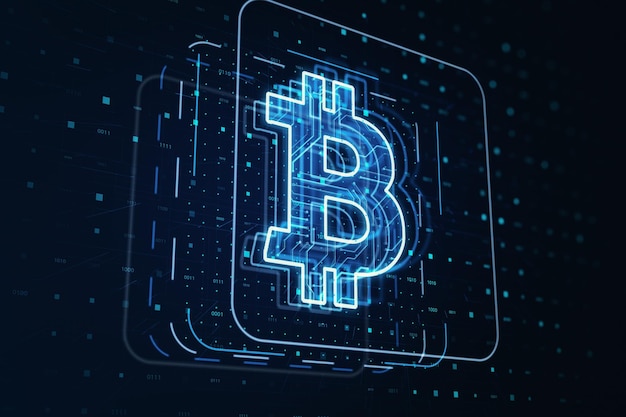 digital money exchange cryptocurrency and blockchain concept with perspective view on bitcoin icon in frame on dark technological background 3d rendering