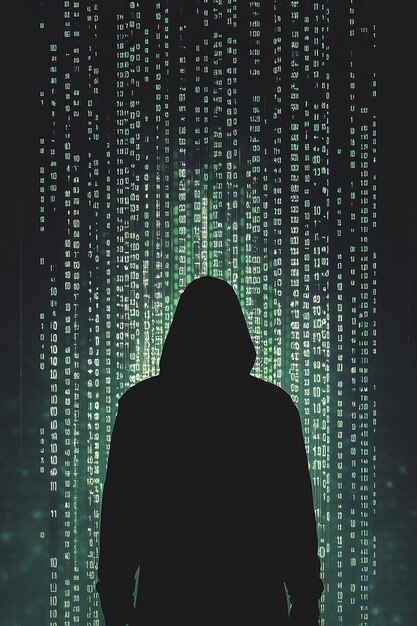 Digital network hacker computer technology data privacy binary codes generated by AI