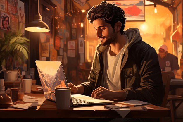 Digital Nomad Working in Cafe Created with Generative AI