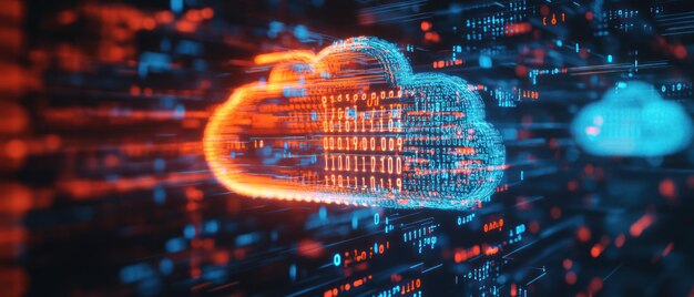 digital representation of cloud computing with data streams and binary code