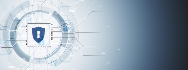 Digital shield lock icon surrounded by circuit lines on futuristic blue background Cybersecurity and data protection concept 3D Rendering