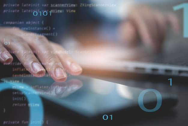 Digital software technology development mobile apps design IoT Internet of Things concept Coding programmer working on laptop computer and mobile phone