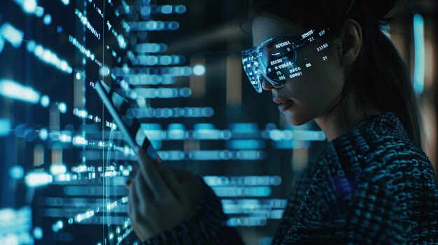 digital technology expert working on programming and cybersecurity research using a hologram and tablet while contemplating data analytics