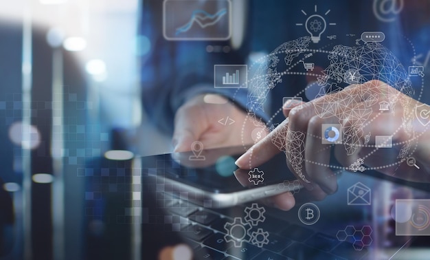 Digital technology IoT Internet of Things concept Woman using mobile smart phone data analysis with global business blue abstract background futuristic technology and big data