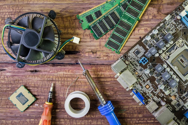 Directly above shot of cpu parts on wooden table