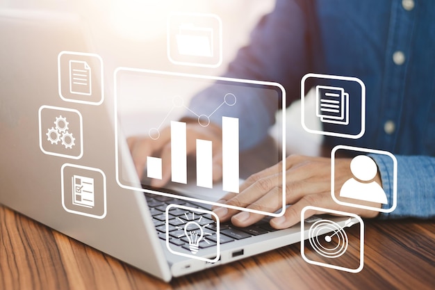 DMS document management concept People using computer to document management concept online documentation database and digital file storage system or software records keeping database technology