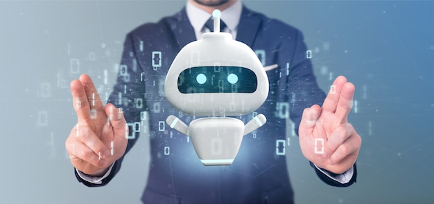 Doanh nhân cầm Chatbot với mã nhị phân kết xuất 3D