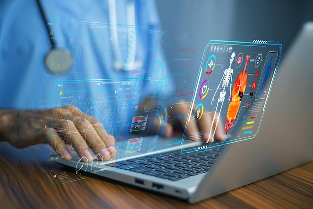 Doctor Medical technology Health Check with digital system support for patient with medical icon at hospital