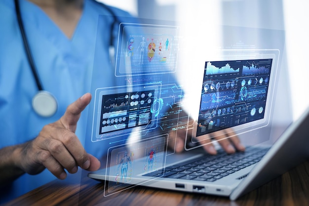 Doctor using computer backup data on Cloud Computer technology and storage online for computer computer backup storage data Internet technology backup online document backup data concept