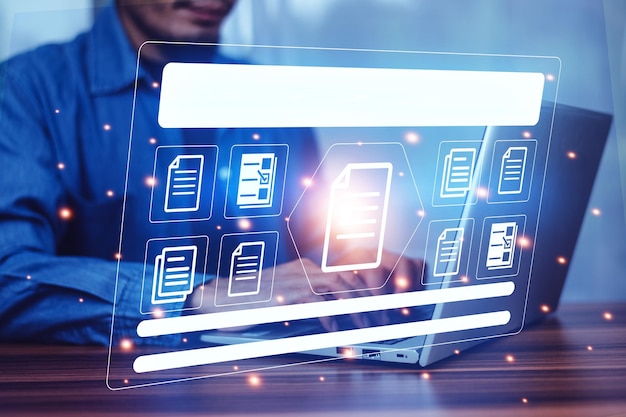 document management concept businessman using computer to document management concept online documentation database and digital file storage system or software records keeping database technology