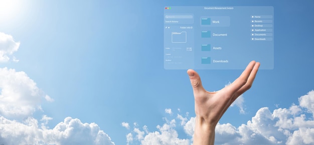 document management concept virtual screen icons document management system dms online document database software for efficient archiving searching and management of company files and data