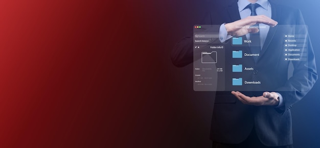 Document management concept Virtual screen icons Document Management System DMS Online document database software for efficient archiving searching and management of company files and data
