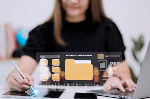 document management concept virtual screen icons document management system dms online document database software for efficient archiving searching and management of company files and data