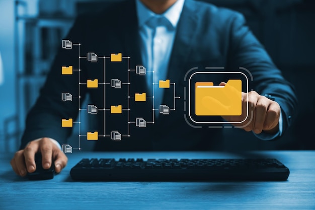 Document management system concept business man holding folder and document icon software searching and managing files online document database for efficient archiving and company data