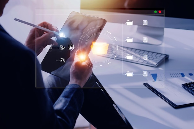 Document management system concept business man holding folder and document icon software searching and managing files online document database for efficient archiving and company data