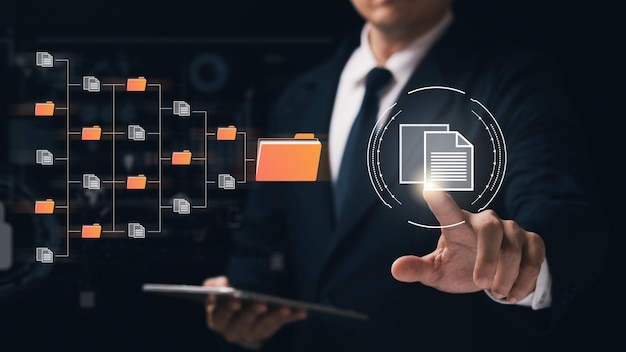 Document management system concept virtual screen icon Document Storage System DMS Online database software for efficient management of company files and data