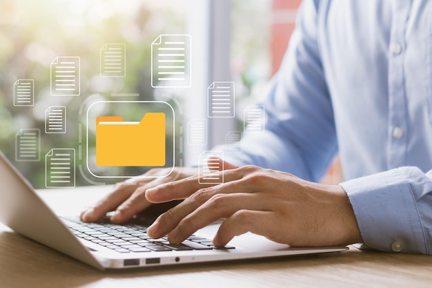Document management system concept virtual screen icon Document Storage System DMS Online database software for efficient management of company files and data
