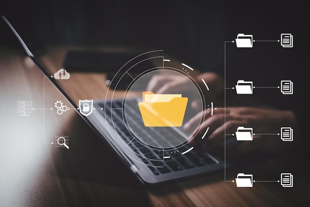 Document Management System DMS Businessman using digital documents to search store archive and manage and to reduce paper Solution for paperless office Digital business security process