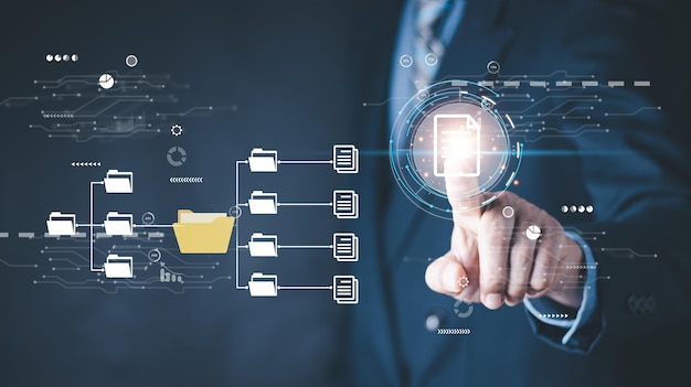 Document Management System is used to store search and manage audit processes and users for corporate files and data in an organization concept with business manager pointing to icons