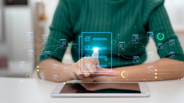 Document Planning and digital form checklist by laptop computer with a Document Management Checking System online documentation database and process management files on a big data network