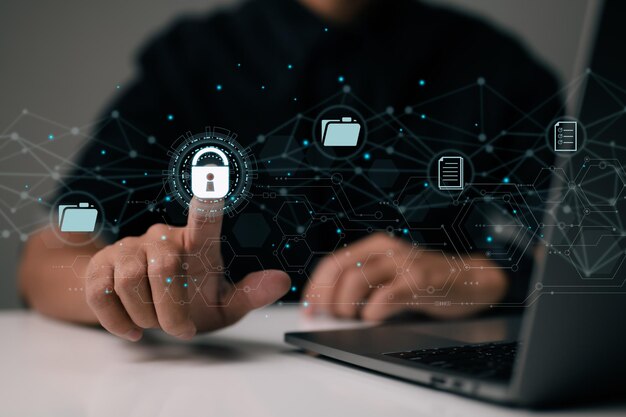Document security concept Document management system DMS Online documentation database and digital file storage Log in to the cloud computing system network to gain access to files