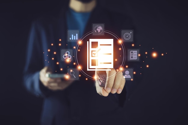 Documents management information system concept Businessman using visual screen internet for Documents management information system and ERP program data directory in company ERP document management