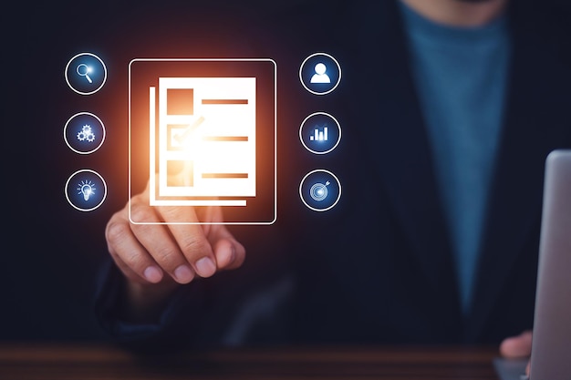 Documents management information system concept Businessman using visual screen internet for Documents management information system and ERP program data directory in company ERP document management