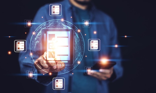 Documents management information system concept Businessman using visual screen internet for Documents management information system and ERP program data directory in company ERP document management