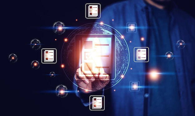 documents management information system concept businessman using visual screen internet for documents management information system and erp program data directory in company erp document management