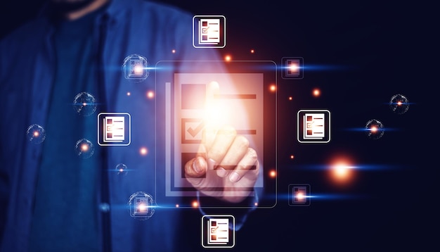 Documents management information system concept Businessman using visual screen internet for Documents management information system and ERP program data directory in company ERP document management