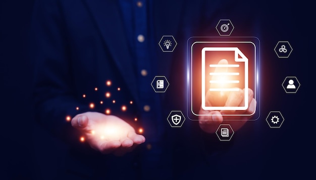documents management information system concept businessman using visual screen internet for documents management information system and erp program data directory in company erp document management