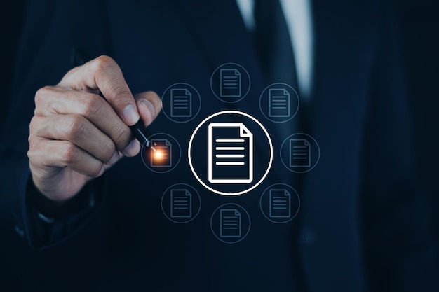 documents management information system concept businessman using visual screen internet for documents management information system and erp program data directory in company erp document management