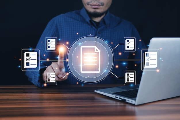 documents management information system concept businessman using visual screen internet for documents management information system and erp program data directory in company erp document management